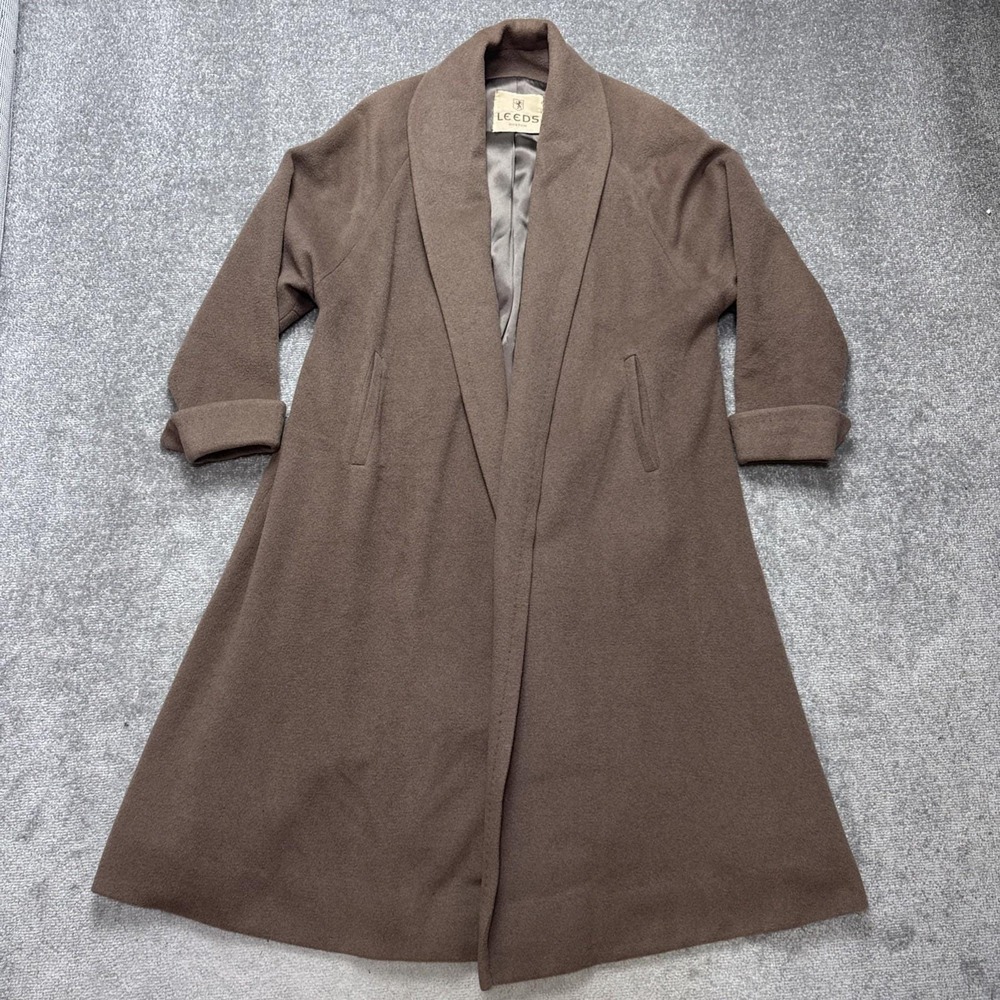 Vintage 100% Cashmere XL Open Front Shawl Collar Coat Brown Country Leeds